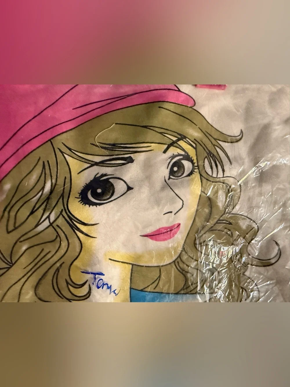 Canvas Tote Bag with Illustrated Girl - Pink & White